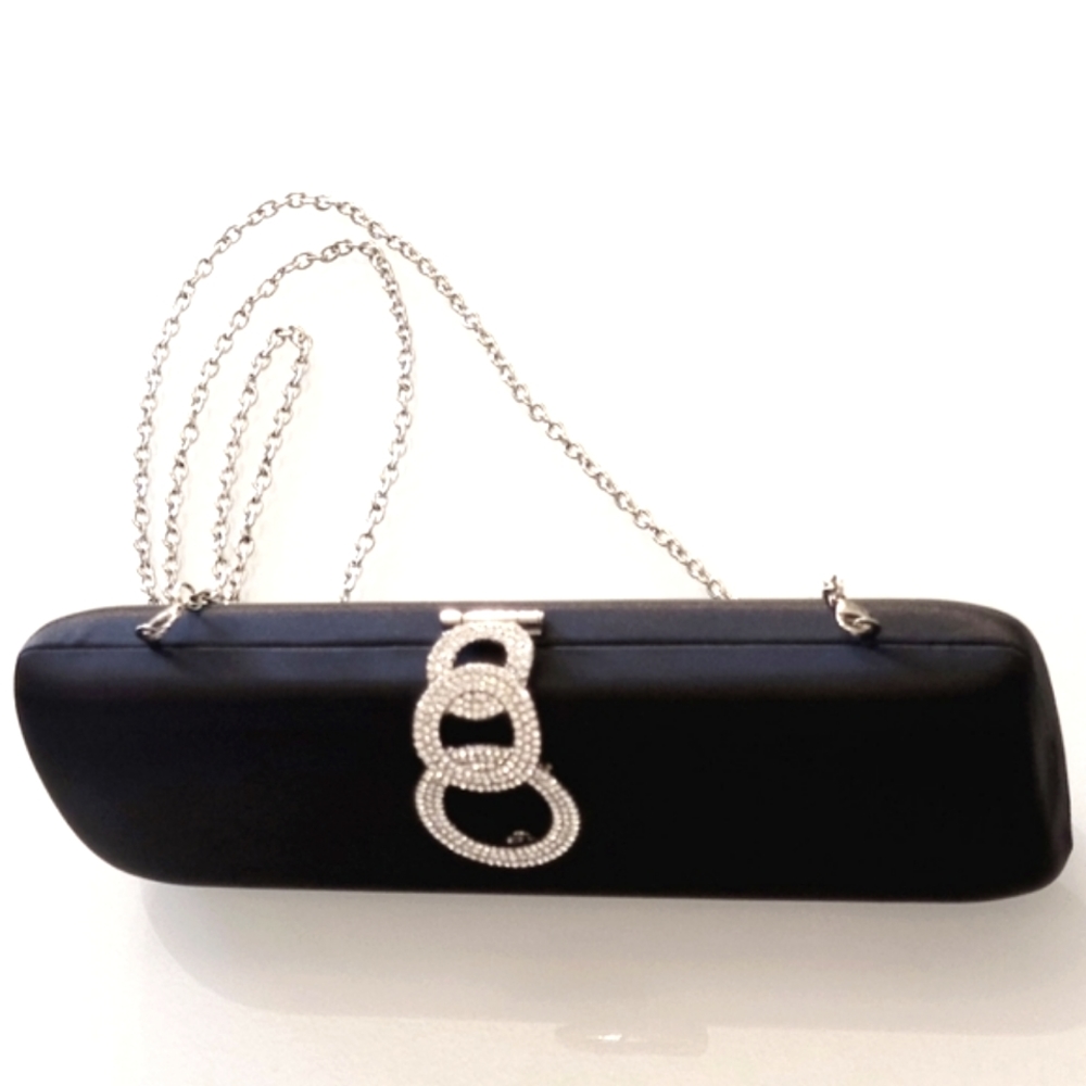 NWOT CRYSTAL BLK SATIN EVENING CLUTCH CROSSBODY by INC